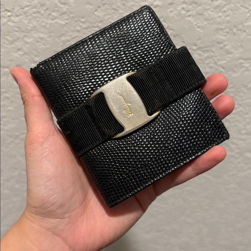 Salvatore Ferragamo Black Leather Bow Wallet with Gold Hardware